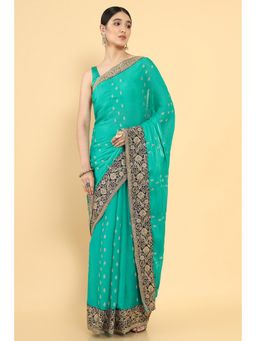 Soch - Women Teal Chiffon Embroidered Saree with Unstitched Blouse