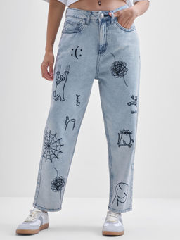 TOKYO TALKIES - Women Blue Doodled Streetwear Mid Rise Mom Jeans