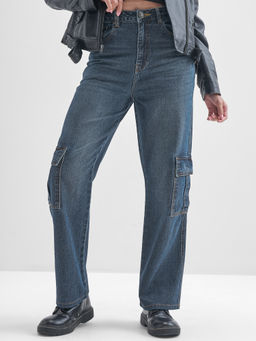 TOKYO TALKIES - Women Blue High Rise Cargo Pocket Jeans