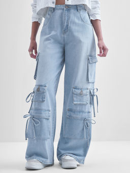 TOKYO TALKIES - Women Blue Mid Rise Dad Fit Cargo Jeans