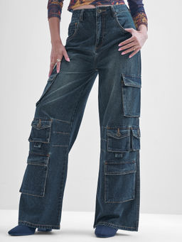 TOKYO TALKIES - Women Blue Streetwear High Rise Cargo Jeans