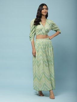 Aarke Ritu Kumar - Green Chevron Printed Top With Skirts (Set of 2)