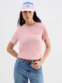 GANT - Women Pink Tonal Sheild Crew Neck Solid T-Shirt