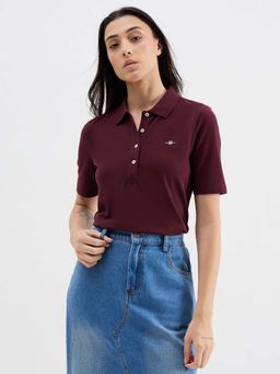 GANT - Women Maroon Solid Pique Logo Polo T-Shirt