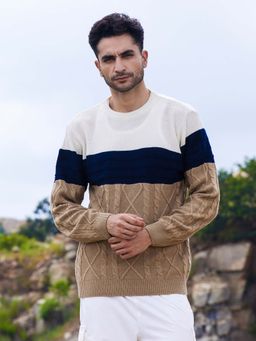 Campus Sutra - Men's Multicolour Contrast Panel Cable Knit Sweater