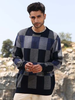 Campus Sutra - Men's Blue Block Check Pullover Sweater