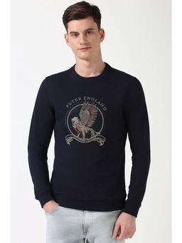 Peter England - Men Navy Blue Embroidered Crew Neck Sweatshirt