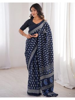 SATRANI - Elegant Dark Navy Blue Printed Cotton Pre-draped Saree