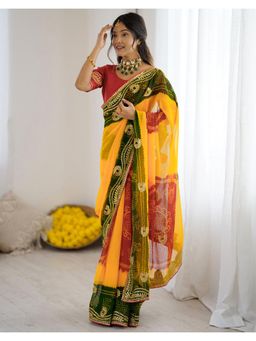 SATRANI - Stylish Yellow, Red, Dark Green Bandhani Printed Saree