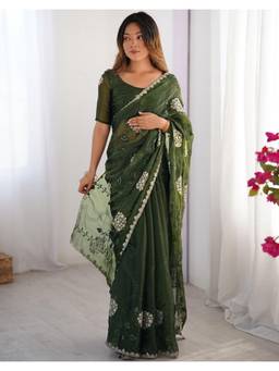 SATRANI - Graceful Olive Green Embroidery Chiffon Saree