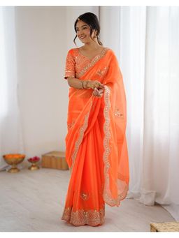 SATRANI - Festive Orange Sequins Embroidery Tissue Silk Saree