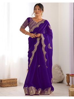 SATRANI - Ethnic Dark Purple Sequin Embroidery Tissue Silk Saree