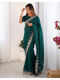 SATRANI - Elegant Teal Green Sequence Embroidery Chiffon Saree