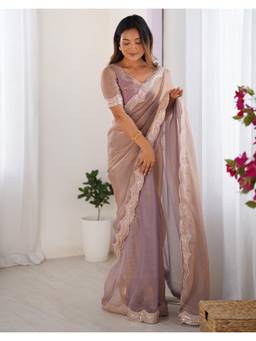 SATRANI - Timeless Mauve Scalloped Border Lace Shimmer Saree