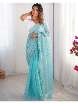 SATRANI - Comfortable Aqua Blue Sequins Embroidery Shimmer Saree