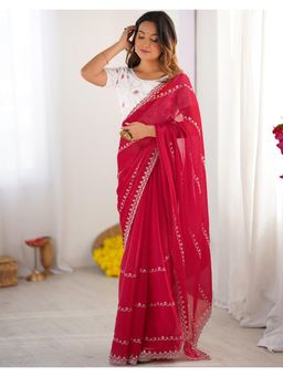 SATRANI - Ethnic Red Sequins Embroidery Tissue Silk Saree