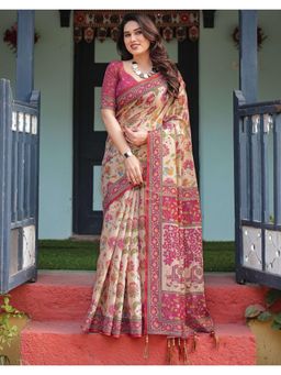 SATRANI - Timeless Beige Floral Printed Linen Saree