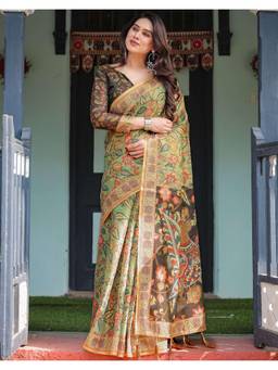 SATRANI - Beautiful Pista Green Kalamkari Printed Linen Saree