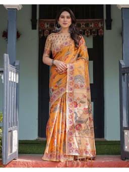 SATRANI - Ethnic Dusty Orange Floral Printed Linen Saree