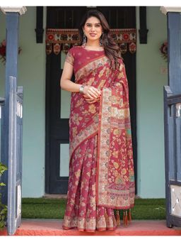 SATRANI - Refined Rani Pink Floral Printed Linen Saree