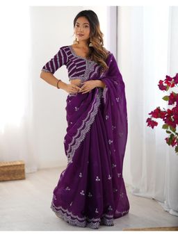 SATRANI - Classic Purple Sequin Embroidery Work Tissue Silk Saree