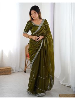SATRANI - Beautiful Olive Green Sequin Embroidery Work Saree