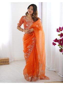 SATRANI - Modern Orange Sequin Embroidery Work Organza Saree