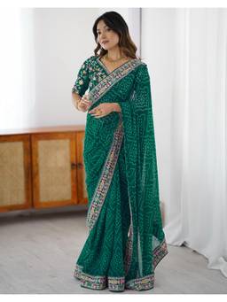 SATRANI - Traditional Dark Green Bandhani Printed Georgette Saree
