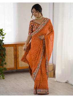SATRANI - Festive Orange Bandhani Printed Georgette Saree