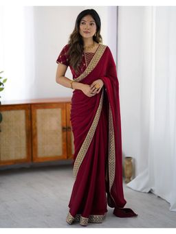 SATRANI - Refined Cherry Red Sequin Embroidery Lace Chiffon Saree