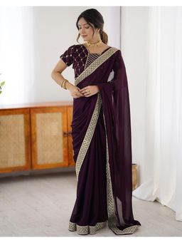 SATRANI - Beautiful Dark Wine Sequin Embroidery Lace Saree