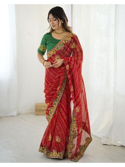 SATRANI - Classic Red Bandhani Printed Georgette Saree