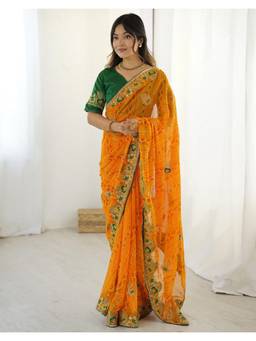 SATRANI - Stylish Yellow Bandhani Printed Georgette Saree