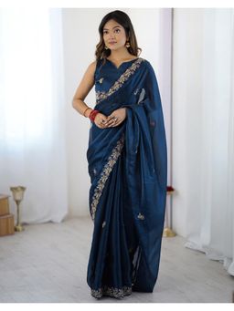 SATRANI - Soft Dark Teal Blue Sequins Embroidery Tissue Saree