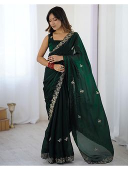 SATRANI - Festive Bottle Green Sequins Embroidery Tissue Saree