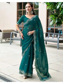 SATRANI - Elegant Green Sequin Embroidery Tissue Silk Saree