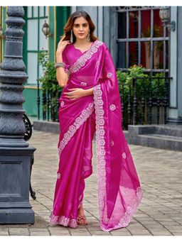 SATRANI - Ethnic Rani Pink Sequin Embroidery Tissue Silk Saree