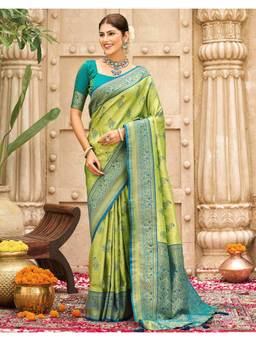 SATRANI - Timeless Parrot Green Weaving Silk Saree