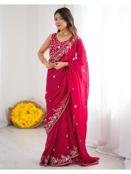 SATRANI - Comfortable Rani Pink Sequins Embroidery Tissue Saree