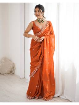 SATRANI - Ethnic Rust Sequins Embroidery Tissue Silk Saree