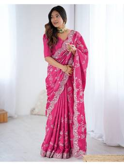 SATRANI - Stylish Pink Embroidery Satin Saree