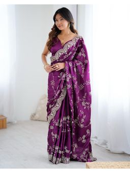 SATRANI - Classic Dark Purple Embroidery Satin Saree