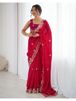 SATRANI - Ethnic Red Embroidery Tissue Silk Saree