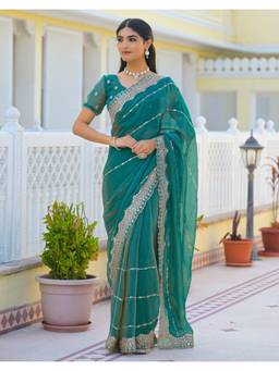 SATRANI - Comfortable Teal Green Sequins Embroidery Shimmer Saree