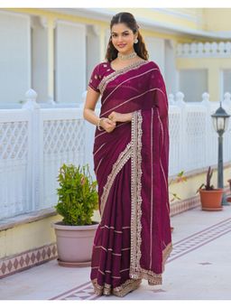 SATRANI - Ethnic Magenta Sequins Embroidery Shimmer Chiffon Saree