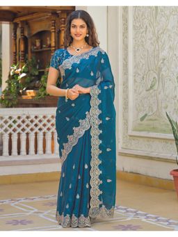SATRANI - Stylish Peacock Blue Sequins Embroidery Shimmer Saree
