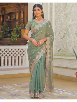 SATRANI - Festive Mint Green Sequins Embroidery Shimmer Saree