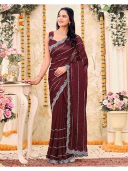 SATRANI - Elegant Maroon Embroidery Shimmer Georgette Saree