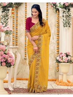 SATRANI - Stylish Yellow Embroidered Shimmer Georgette Saree