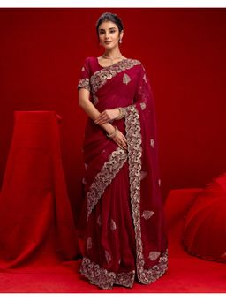 SATRANI - Soft Dark Rani Pink Embroidery Shimmer Chiffon Saree